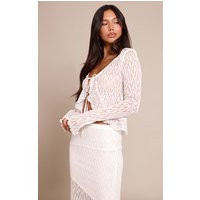 White Lace Tie Front Ruffle Long Sleeve Top | PrettyLittleThing US