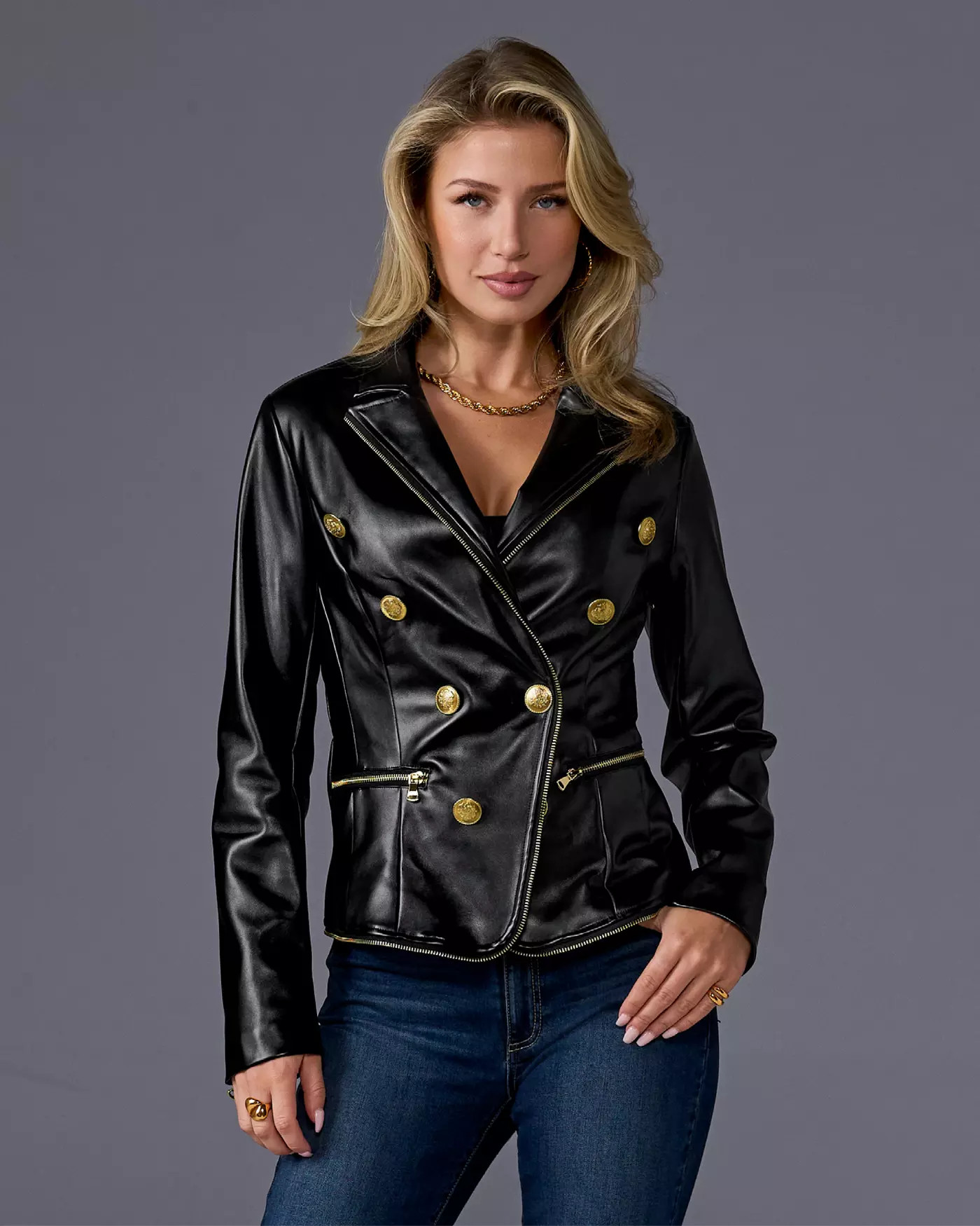 Zip Trim Faux Leather Double Breasted Jacket - Black | Boston Proper | Boston Proper