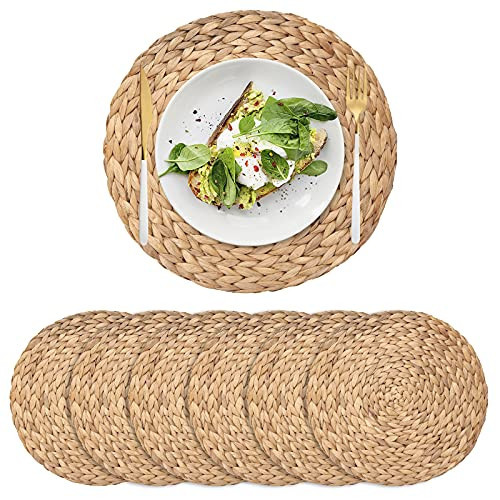 6 Pack Woven Placemats, Round Wicker Placemats, Rattan Place mats, Natural Hand-Woven Water Hyacinth Table Mats, Braided Straw Table Mats for Dining Table (11.8 inch) | Amazon (US)
