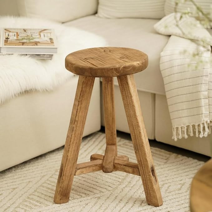 Vintage-Style Round Stool | Rustic | Accent Piece | Wood Decor | Side Table | Handmade | Amazon (US)