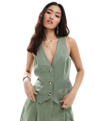 ASOS DESIGN suit vest with linen in khaki | ASOS | ASOS (Global)