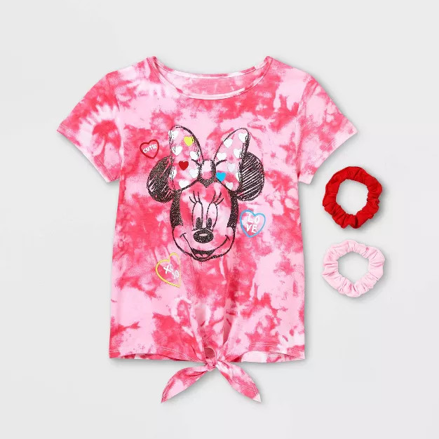 Girls' Disney Minnie Mouse Tie-Dye Short Sleeve Graphic T-Shirt with Scrunchies - Pink | Target
