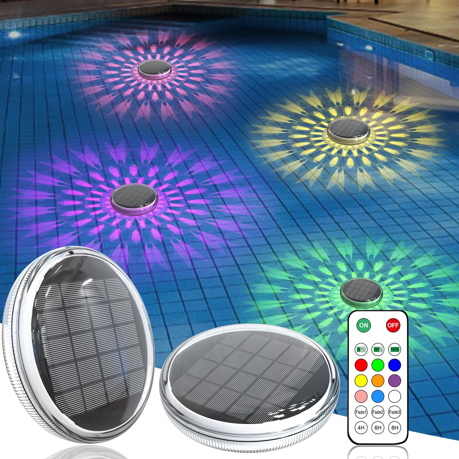 Solar Rechargeable Floating Pool Lights(2 Pack), Pool Lights That Float with Remote Control, 9 Li... | Amazon (US)