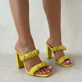 Tanice Yellow Ruched Double Strap Block Heel Mules | Simmi Shoes