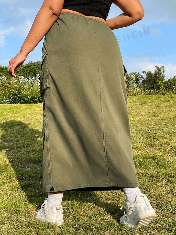 SHEIN EZwear Plus Size Green Woven Long Skirt With Drawstring Details On Both Sides | SHEIN
