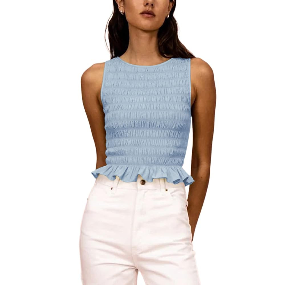 Women Shirred Tank Top Ruffle Sleeveless Tanks Frill Smocked Halter Cami Tops Summer Streetwear | Amazon (US)