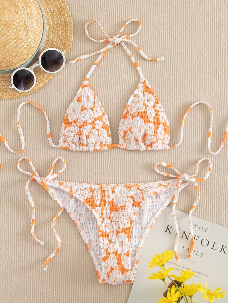 Floral Smocked Triangle Tie Side Bikini Swimsuit | SHEIN
