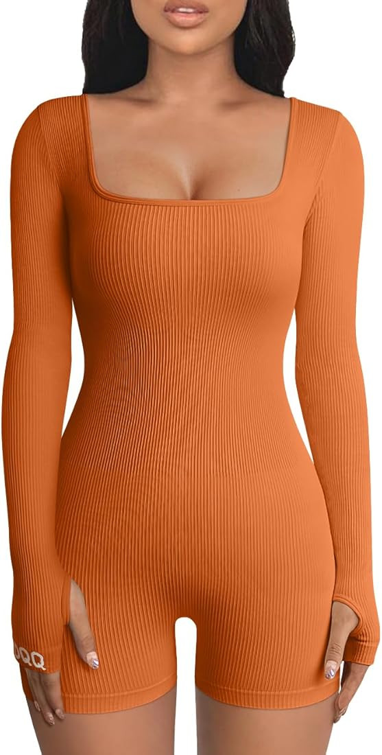 OQQ Women’s Yoga Rompers Workout Ribbed Long Sleeve Square Neck Sport Jumpsuits Rompers | Amazon (US)