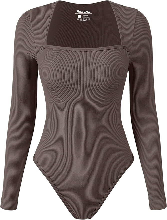 OQQ Women's Bodysuits Sexy Ribbed Square Neck Long Sleeve Tummy Control Casual Fall Bodysuits | Amazon (US)