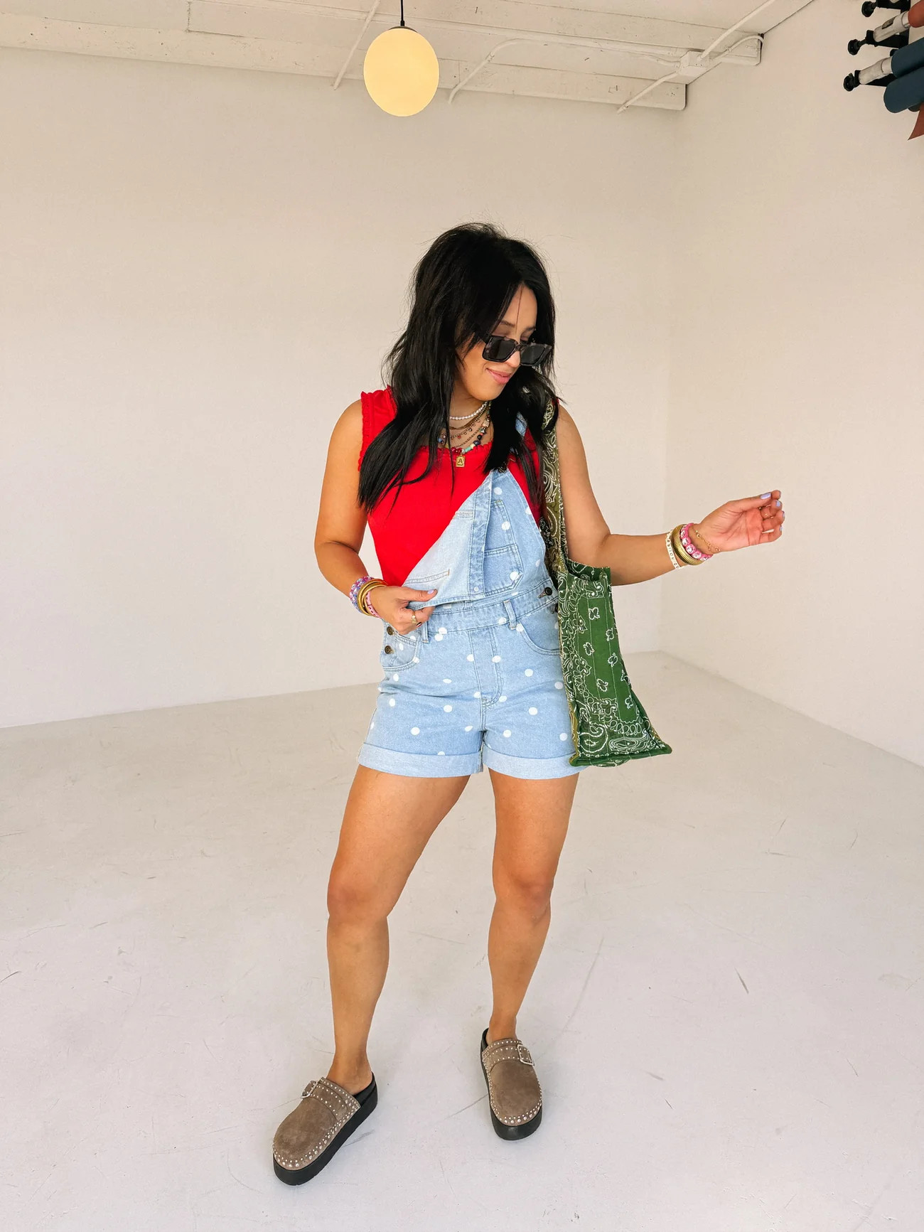 denim polka dot shorty overalls | Etta+East