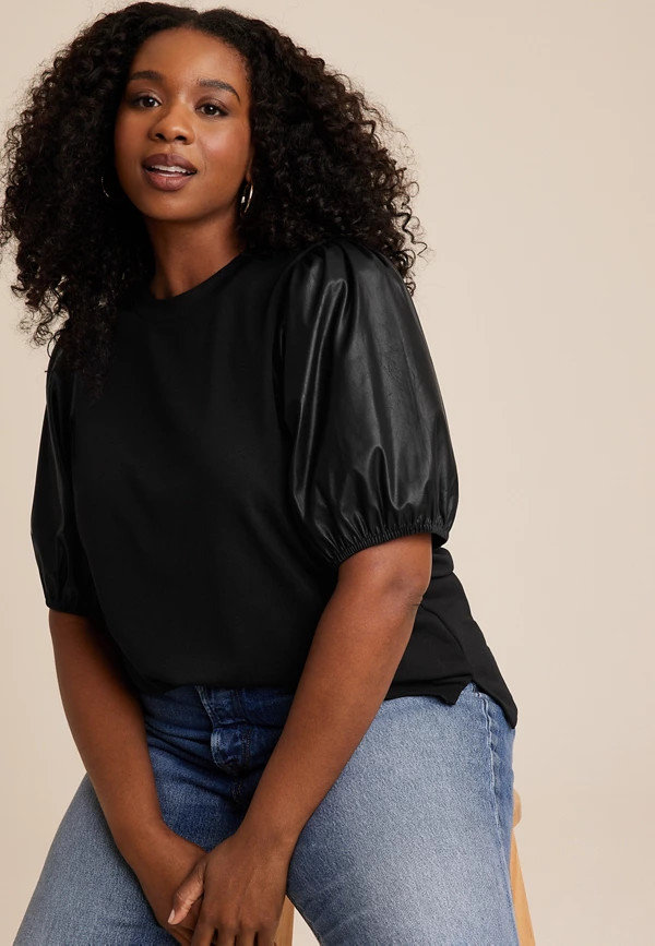Plus Size Mix Media Faux Leather Puff Sleeve Blouse | Maurices