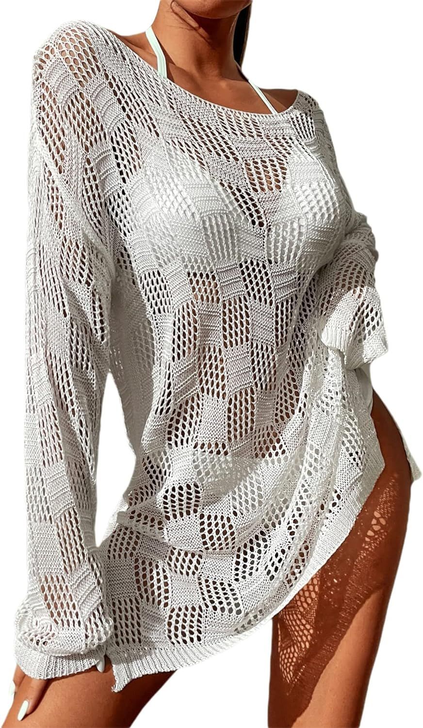 SheIn Women's Crochet Hollow Out Split Beach Cover Up Dress Long Sleeve Swimwear Knitted Beach Dr... | Amazon (US)