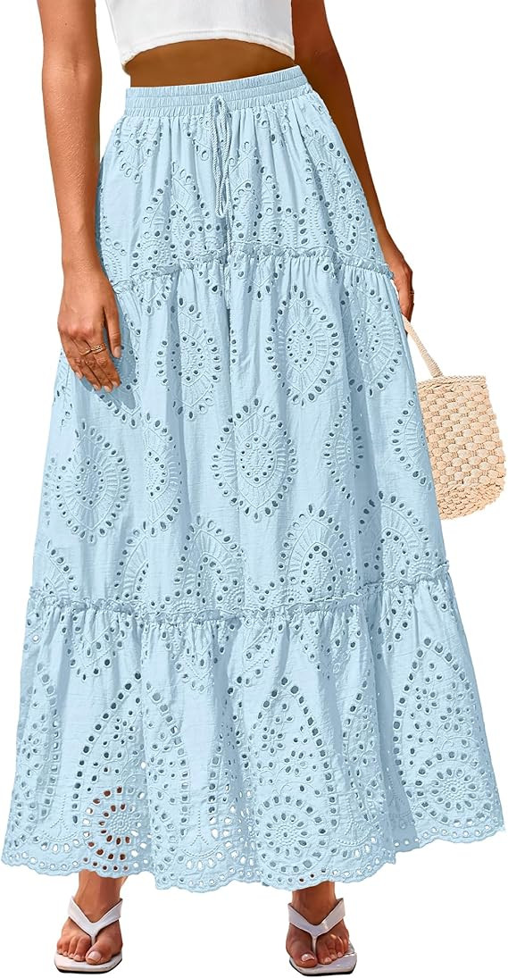 BTFBM Boho Long Skirts for Women Spring Summer 2026 Lace Embroidery High Waist Flowy Tiered Maxi ... | Amazon (US)