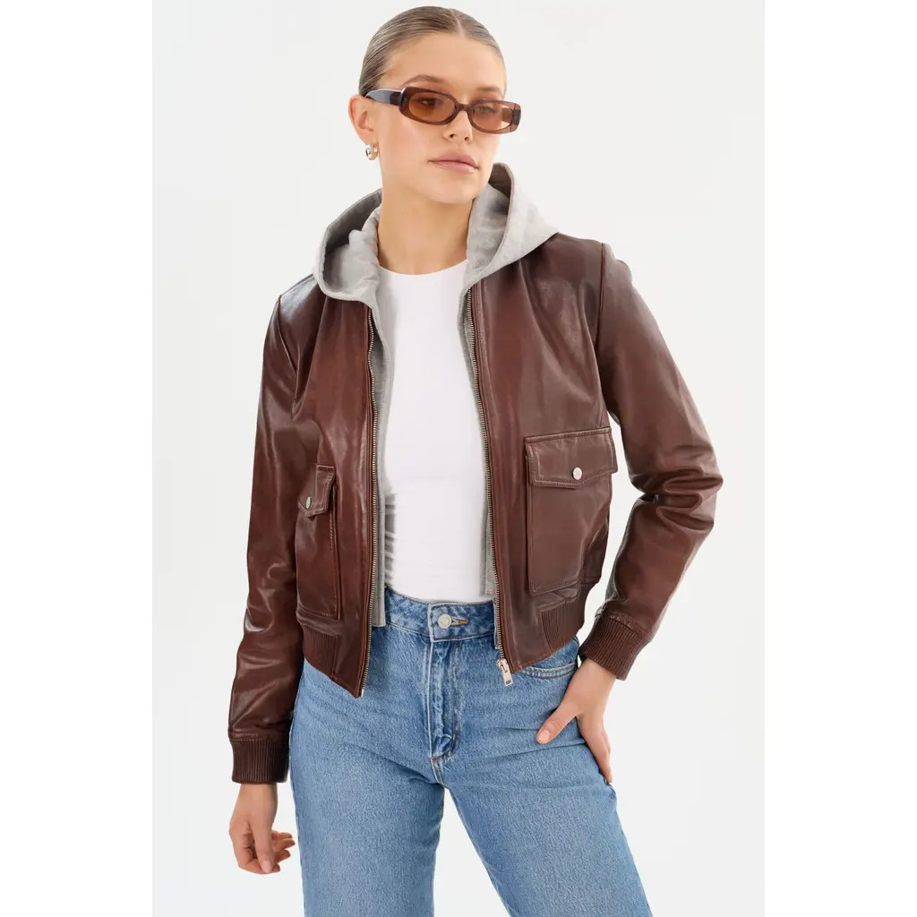LAMARQUE CANDACE | Leather Bomber Jacket in Chocolate Brown/heather Grey at Nordstrom, Size Small | Nordstrom
