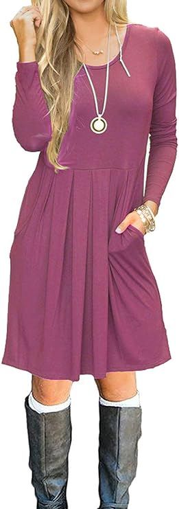 AUSELILY Women's Long Sleeve Pleated Loose Swing Casual Dress with Pockets Knee Length | Amazon (US)