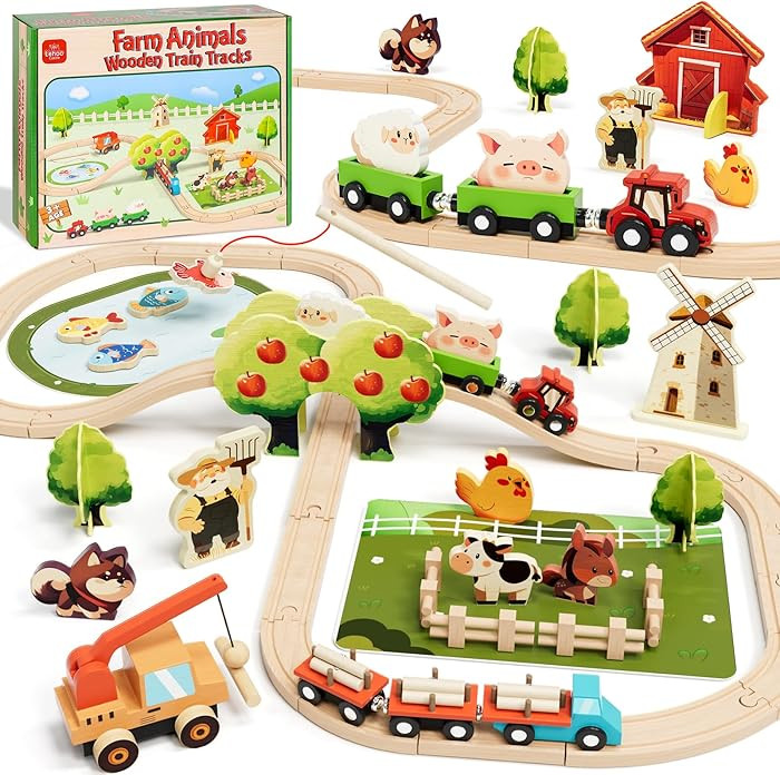 Lehoo Castle Wooden Train Set for Toddlers 2-4, Wooden Train Track, Farm Animals Toys for Ages 3-... | Amazon (US)