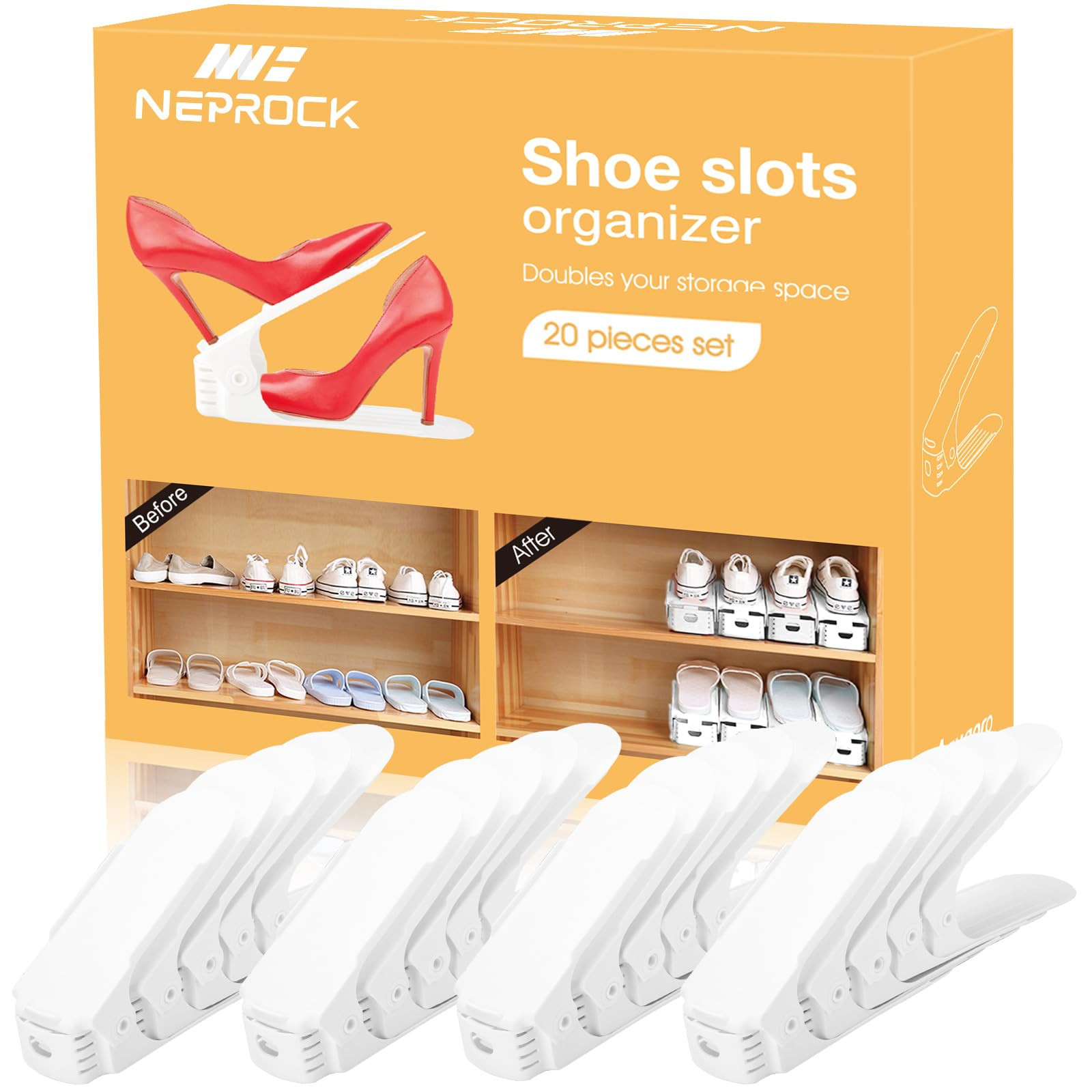 Neprock Shoe Slots Organizer, 20 Pack Adjustable Shoe Rack Stacker Storage Space Saver, Double De... | Amazon (US)