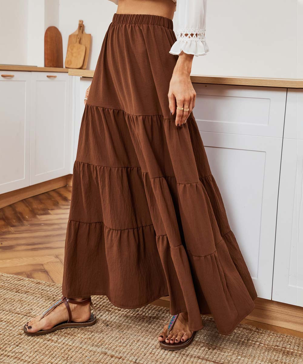 Floral Blooming Women's Casual Skirts Brown - Brown Elastic-Waist Tiered Maxi Skirt - Women | Zulily