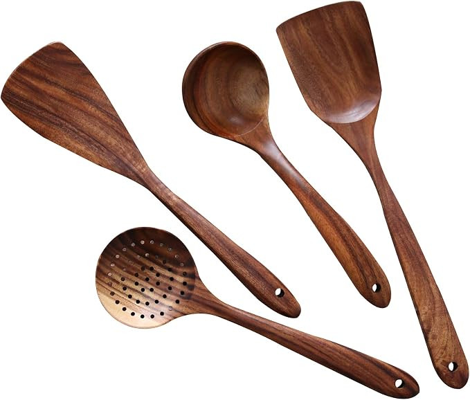 Wooden Cooking Utensils Kitchen Utensil,NAYAHOSE Natural Teak Wood Kitchen Utensils Set - Nonstic... | Amazon (US)