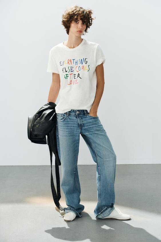 Zara - Text Cotton T-Shirt - White - M - Woman | Zara US