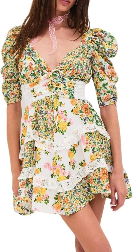 Women Floral Puff Sleeve Mini Dress Boho Ruffle A Line Babydoll Dress Cute Graphic Backless Summe... | Amazon (US)