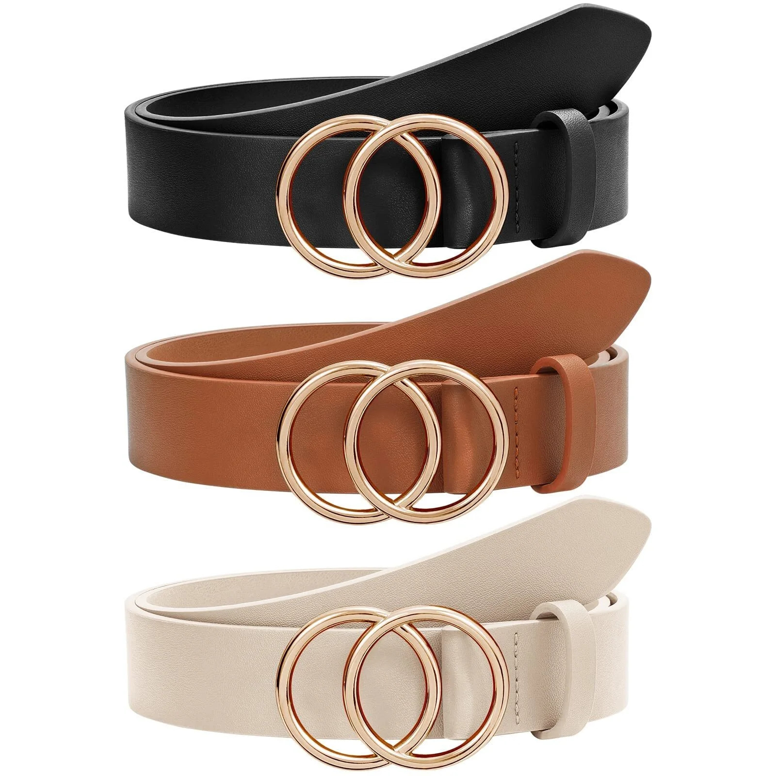 WHIPPY Women Leather Belt with Double Ring Buckle, Ladies Waist Belt for Jeans Dress 3 Pack | Walmart (US)