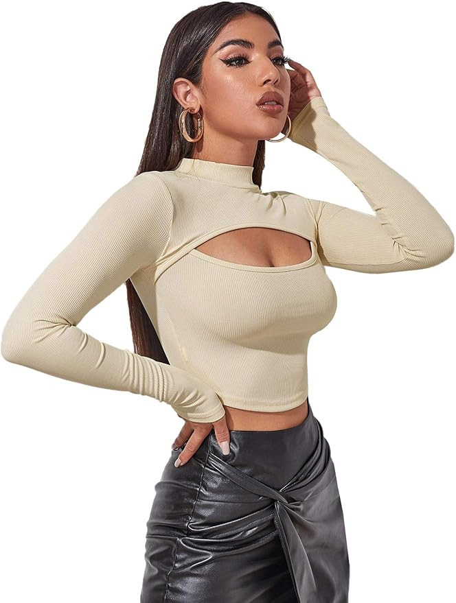 SheIn Women's Long Sleeve T Shirt Front Cut Out Basic Knit Mock Neck Crop Top | Amazon (US)