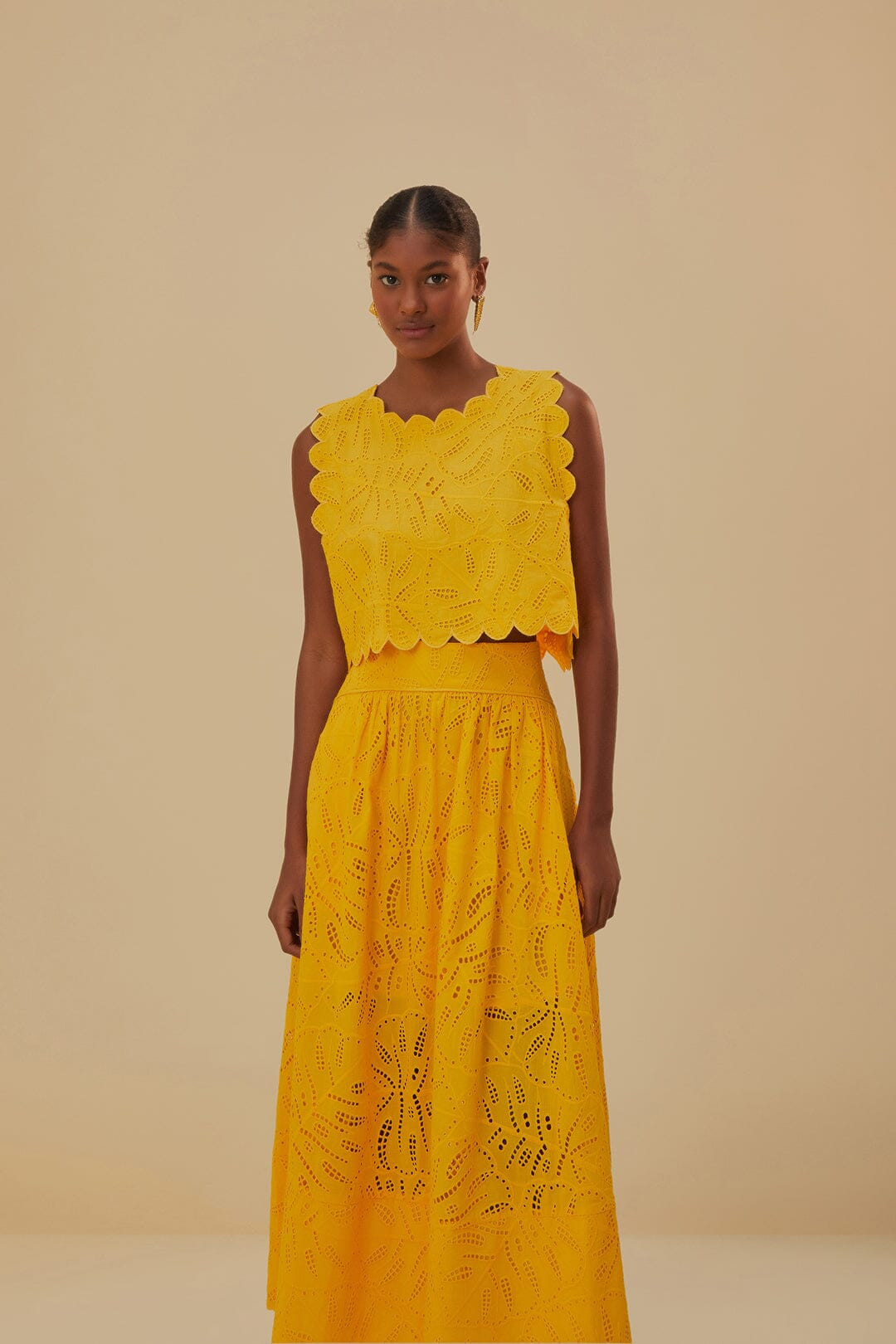 Yellow Monstera Eyelet Maxi Skirt | FarmRio (US)