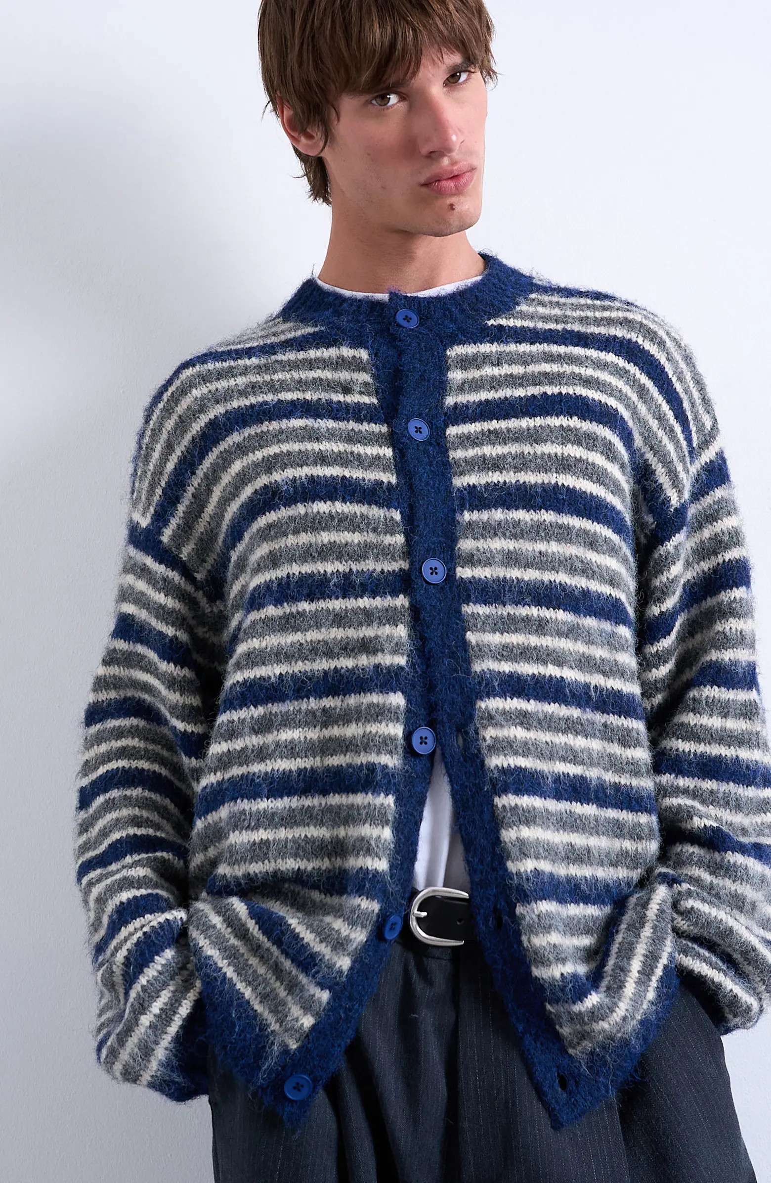 Stripe Fluffy Crewneck Cardigan | Nordstrom