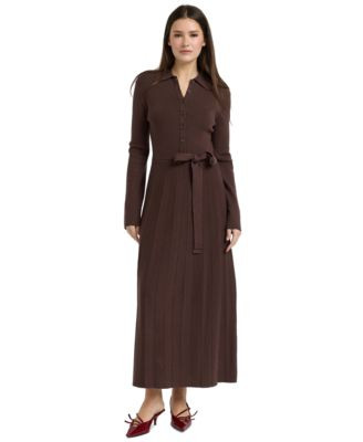 En Saison Women's Collared Button-Front Tie-Waist Pleated Knit Maxi Dress - Brown | Macy's