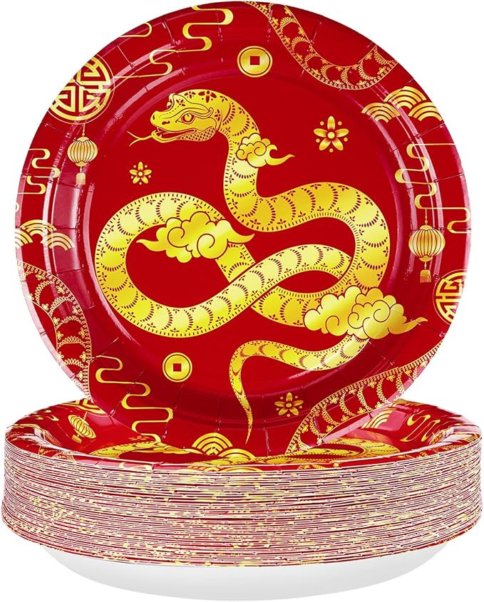 50PCS Chinese New Year Plates Red Gold Lunar New Year Snake Paper Plates 9" Disposable 350GSM 202... | Amazon (US)