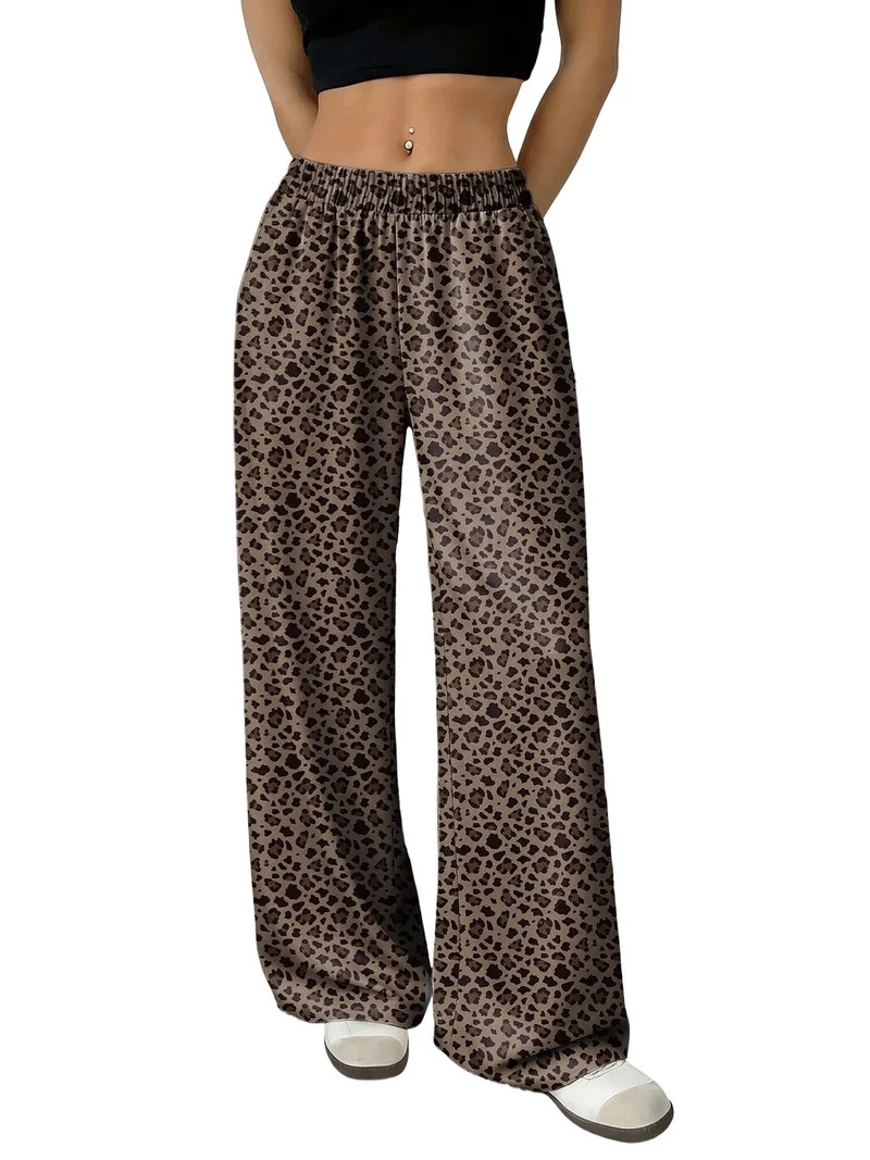 DOKOTOO Womens Leopard Print Pants Casual Elastic Waist Wide Leg Pants Loose Lounge Trousers with... | Walmart (US)