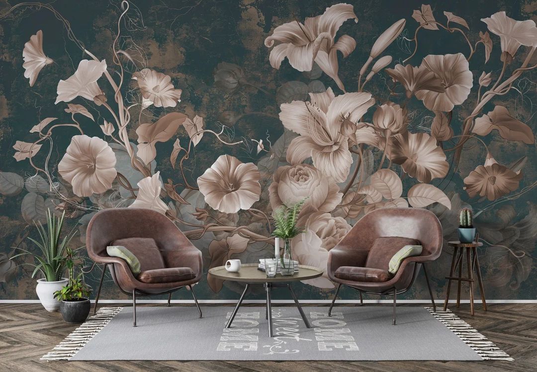 Dark Floral Wallpaper Peel and Stick, Concrete Texture Floral Wall Mural | Etsy (US)
