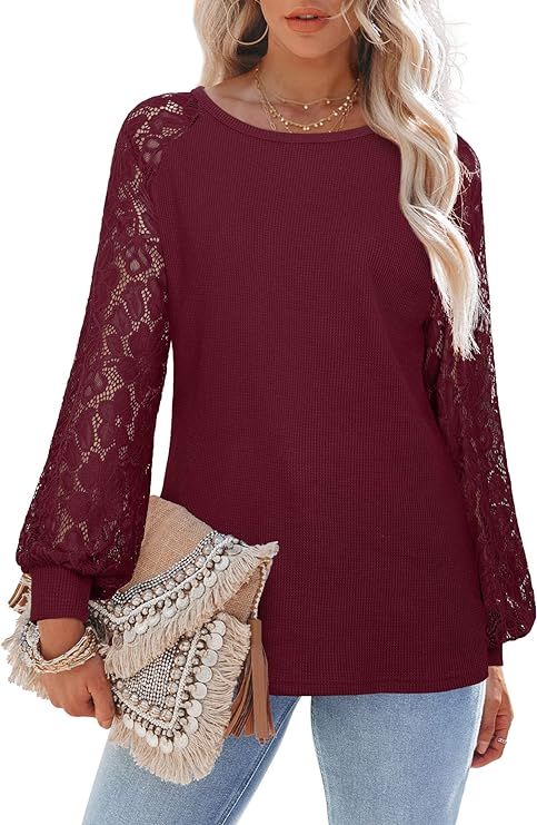 Womens Lace Long Sleeve Tops Waffle Knit Tunic Shirts Casual Loose Fitting Blouses | Amazon (US)