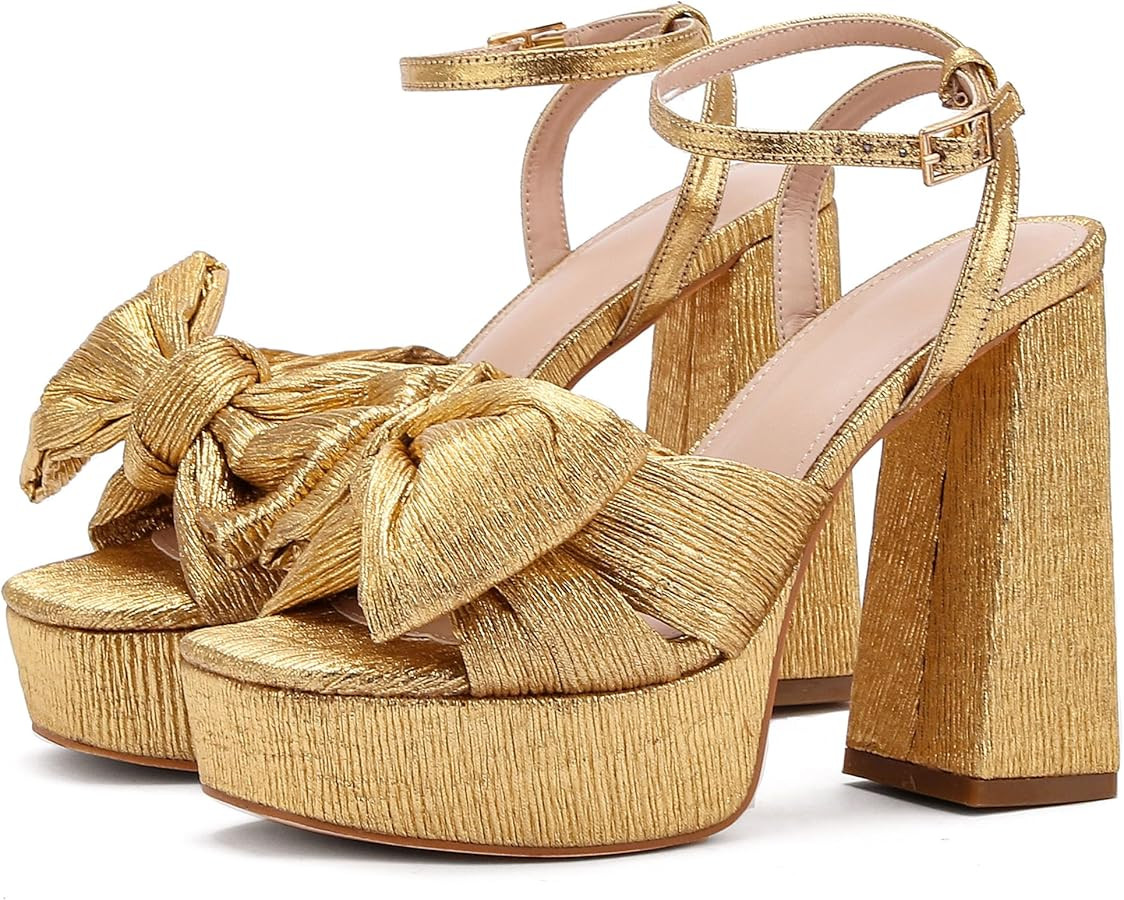 Pleated Bow Chunky Heel Platform Sandals for Women Ankle Strap High Heel Dress Sandals | Amazon (US)