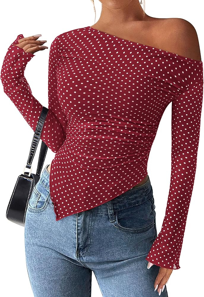 PRETTYGARDEN Womens Fall Trendy Off Shoulder Y2k Tops 2026 Tie Dye Mesh Long Sleeve Shirts Asymme... | Amazon (US)