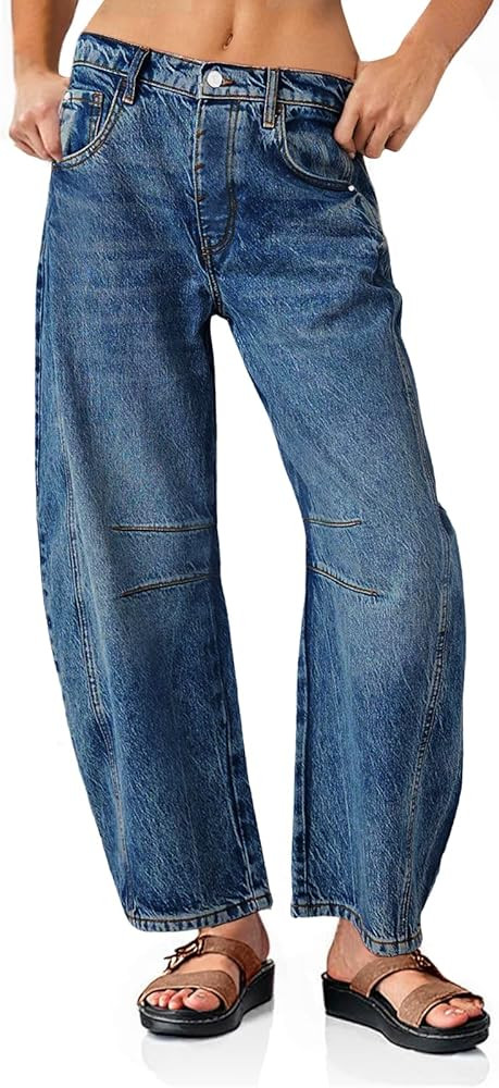 PLNOTME Women's Baggy Boyfriend Jeans Vintage Wide Leg Mid Rise Barrel Denim Ankle Pants | Amazon (US)