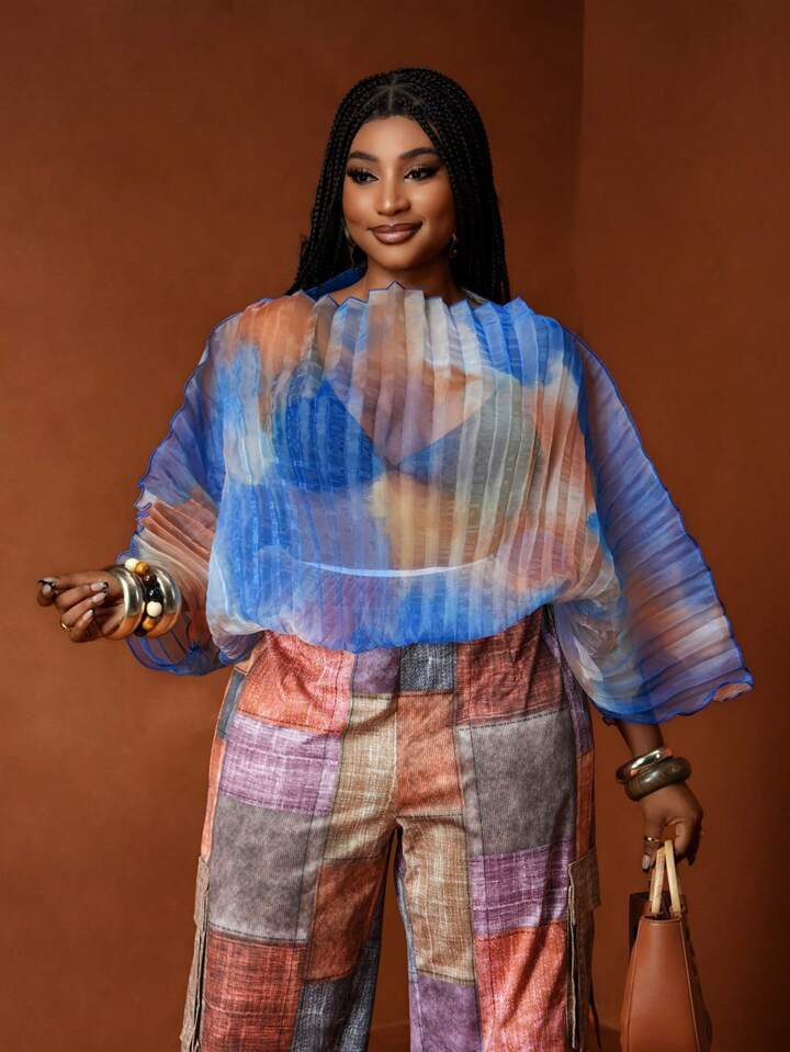 Veslaya Plus Size Women Loose Sheer Tie Dye Pleated Mesh Sexy Blouse, Suitable For Spring/Summer,... | SHEIN