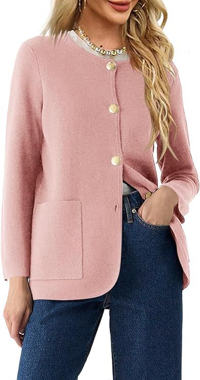 Langwyqu Womens Crew Neck Button Down Cardigan Sweaters Casual Long Sleeve Knit Solid Sweater Bla... | Amazon (US)