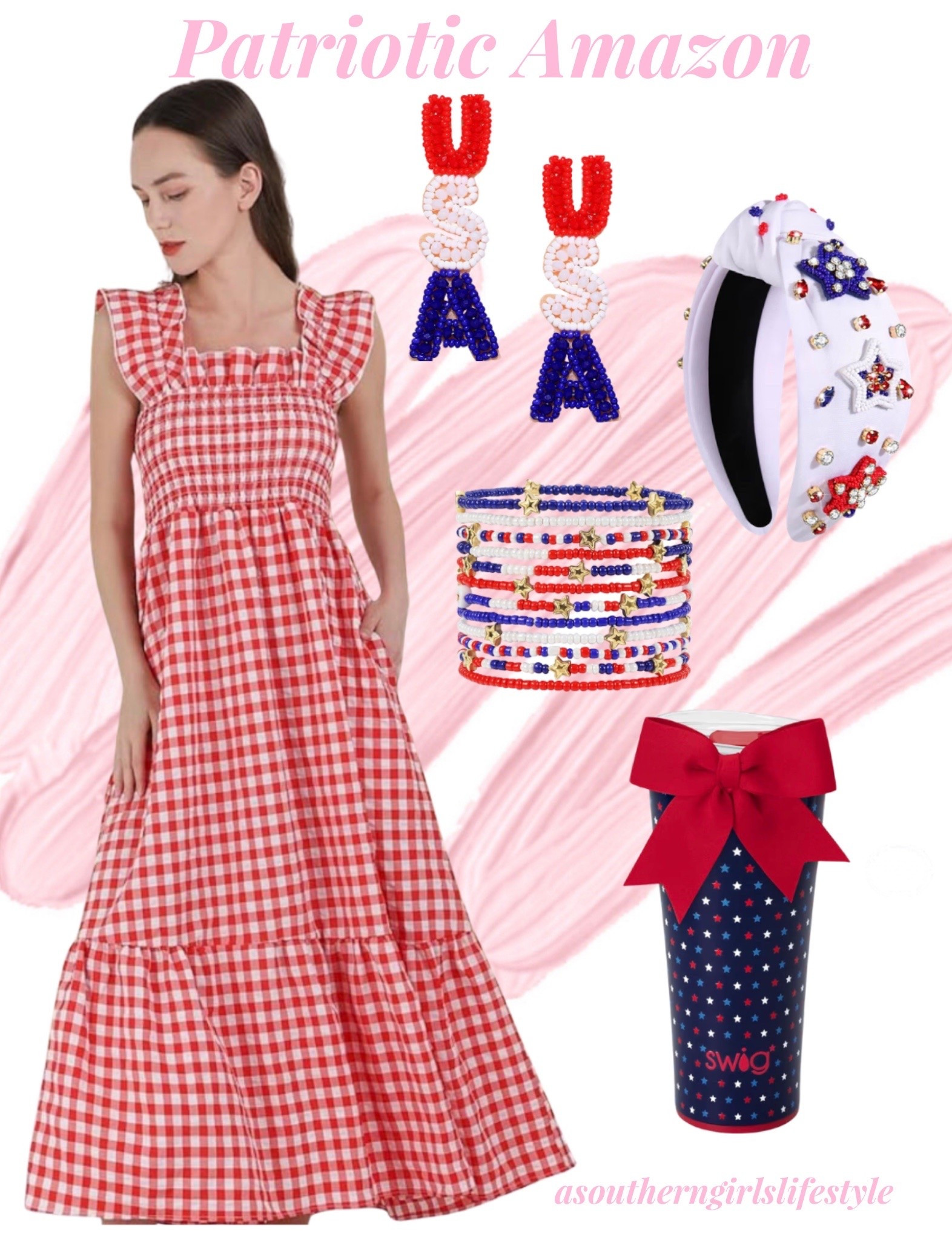 Patriotic Outfit all from Amazon for the Fourth of July. 

Red Gingham Smocked Dress, USA Beaded Earrings, Red White & Blue Star Rhinestone Crystal Top Knot Headband, Star Beaded Bracelets & Red Bow Star Tumbler 

Summer Dress. America 250

#LTKSeasonal #LTKootd #LTKPetite