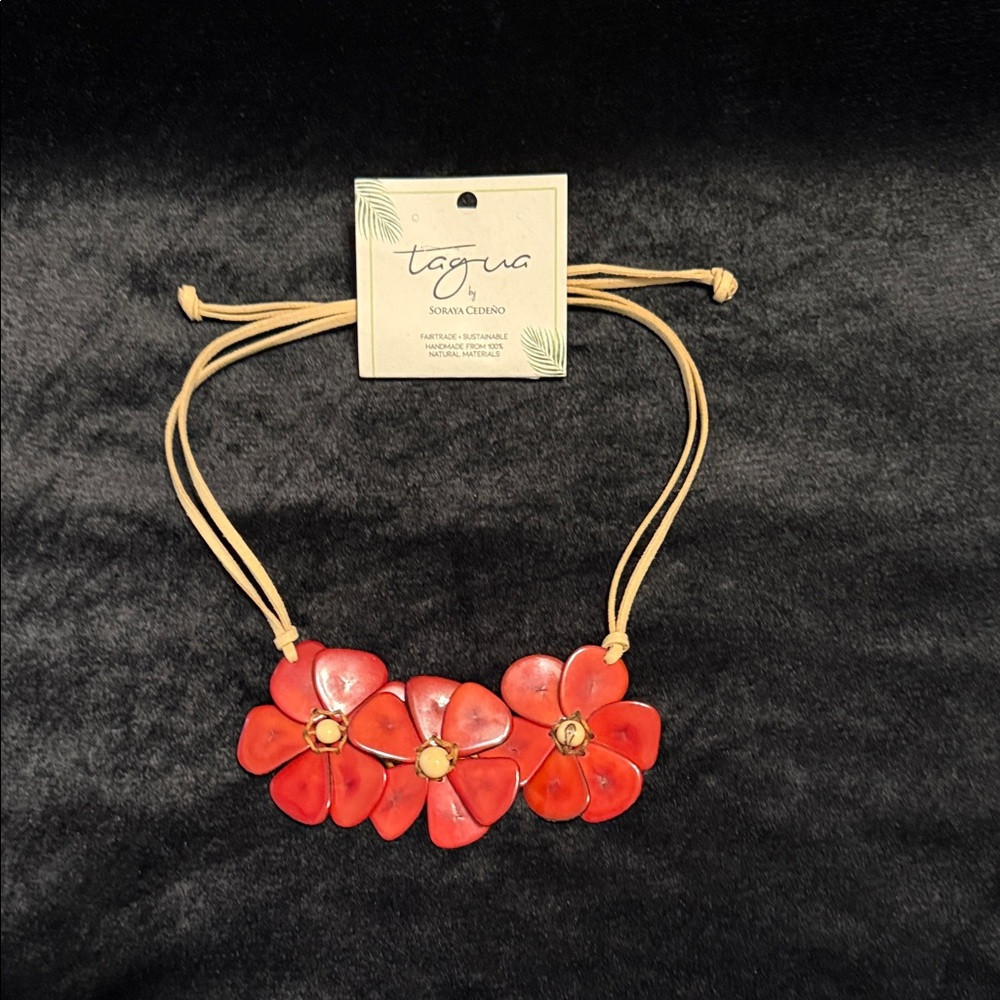 Tagua by Soraya Cedeno Red Floral Necklace with Adjustable Tan Cord (NWT) | Poshmark