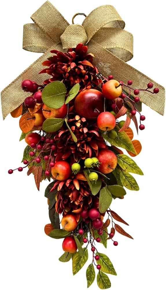 Svndlyn 25 Inch Fall Teardrop Swag with Faux Apples and Burgundy Mums | Amazon (US)