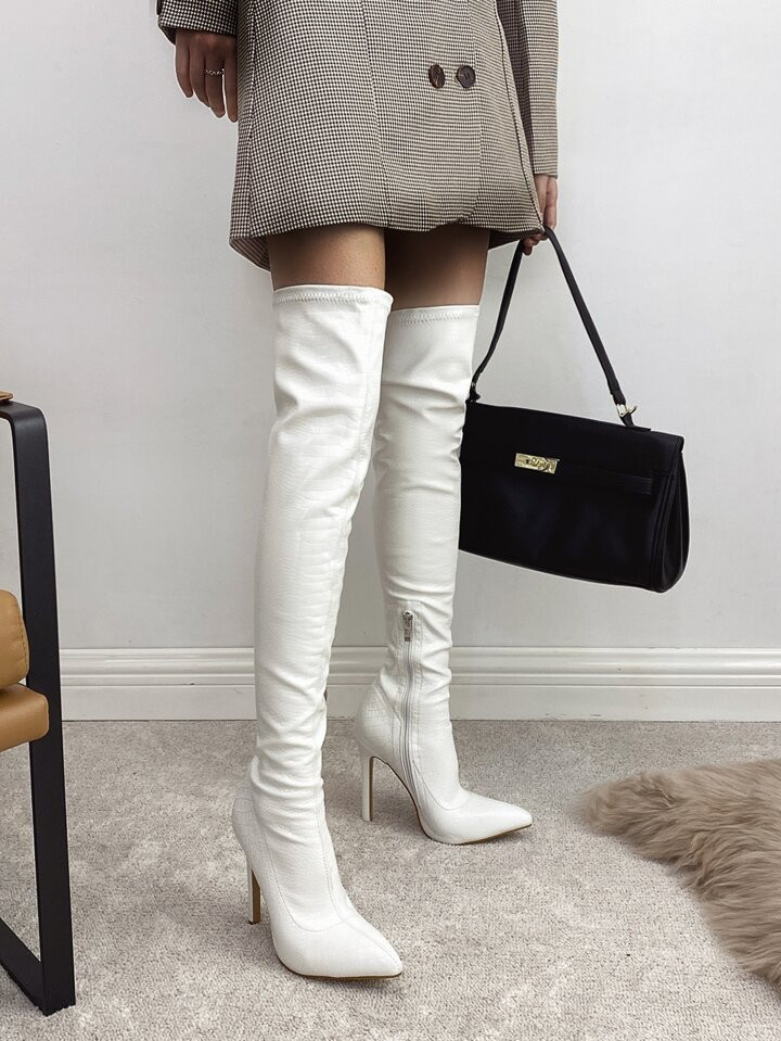 Minimalist Side Zipper Stiletto Heeled Boots, White Fashionable Crocodile Pattern Classic Boots | SHEIN