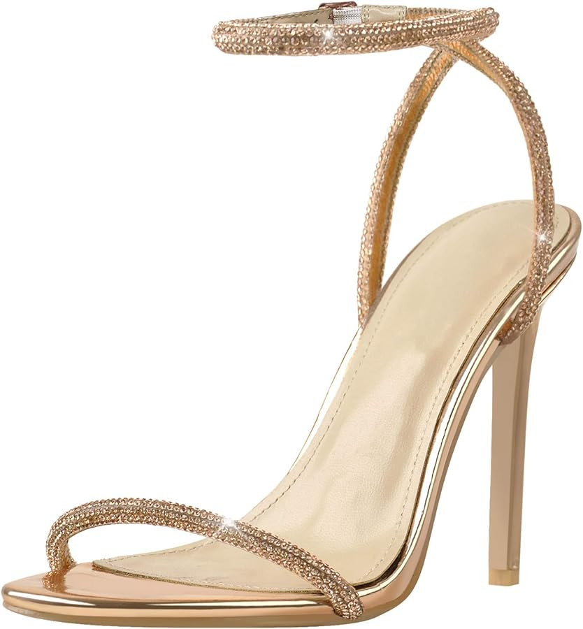 LISHAN Women's Ankle Buckle Diamonds Studded Straps High Heels | Amazon (US)