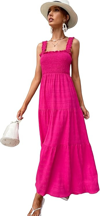 MakeMeChic Women's Summer Floral Boho Sleeveless Spaghetti Strap Shirred Cami Long Maxi Dress | Amazon (US)