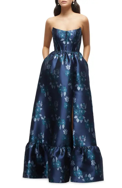 Dessy Collection Damask Strapless Gown in Midnight Navy Damask at Nordstrom, Size 0 | Nordstrom