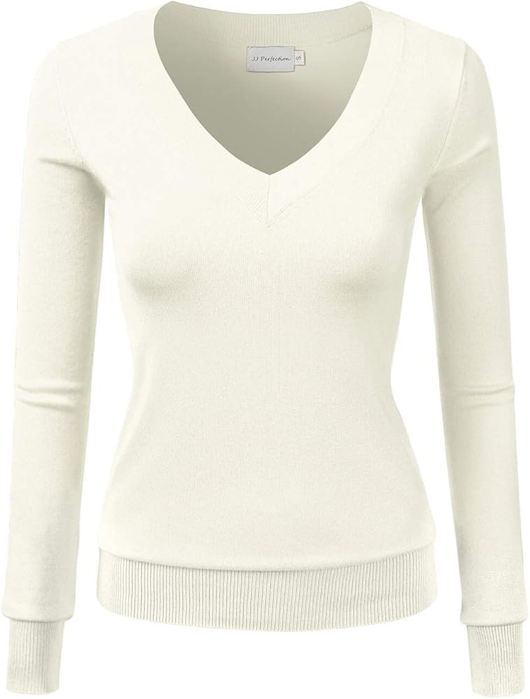 JJ Perfection Simple V-Neck Long Sleeve Pullover Essential Casual Soft Knit Fitted Sweaters for W... | Amazon (US)