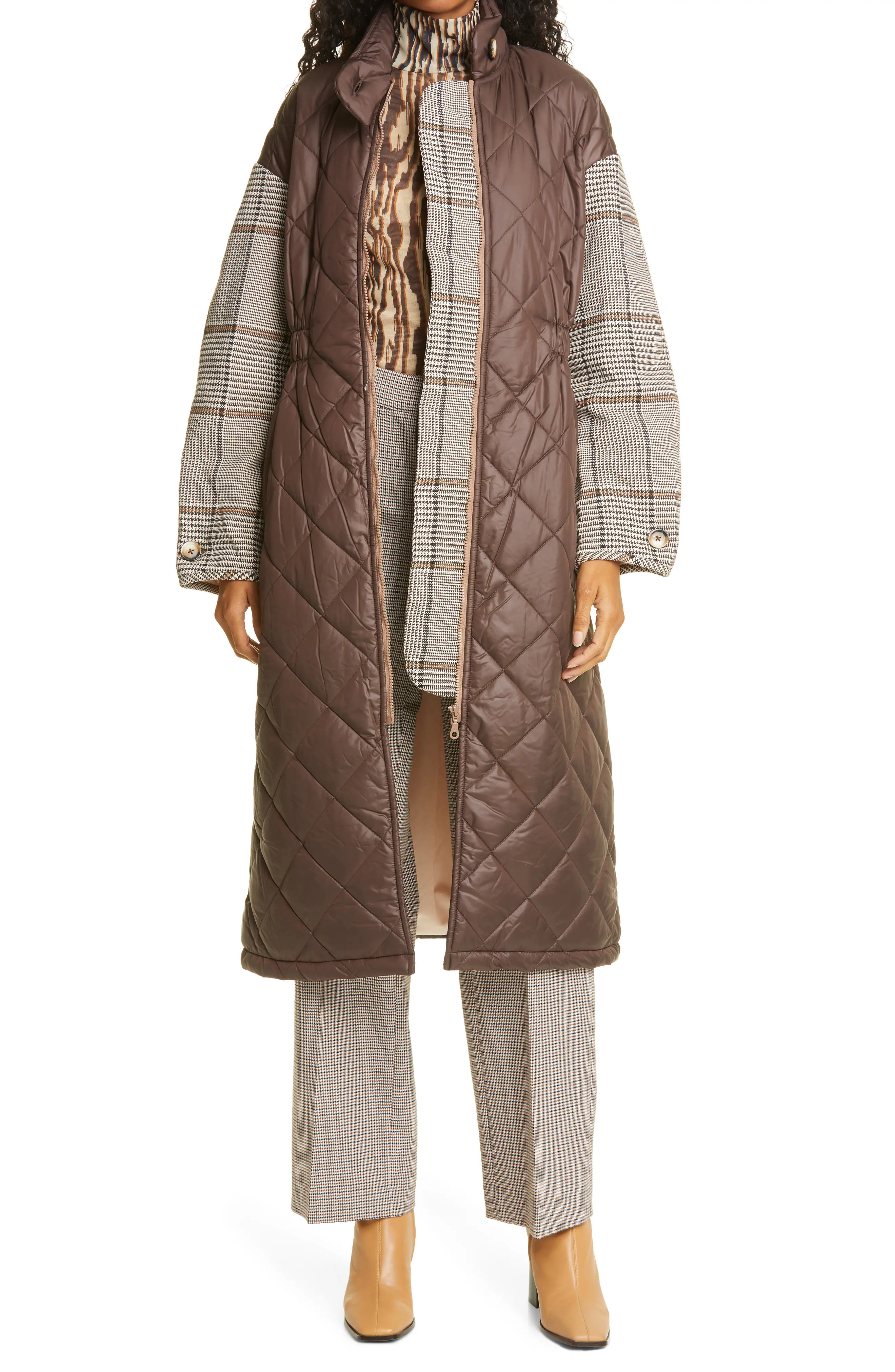 Women's Baum Und Pferdgarten Deadra Quilted Contrast Sleeve Puffer Coat, Size Large - Brown | Nordstrom