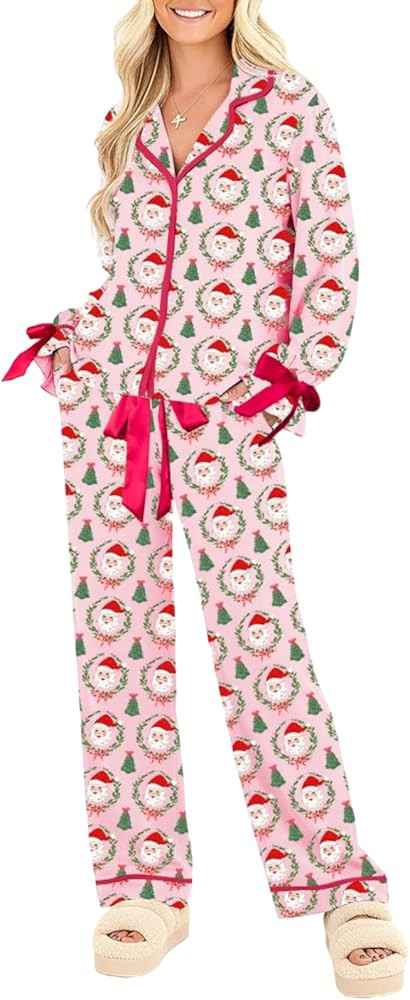 Sastianaen Satin Christmas Pajama Set for Women Silk Bow Tie Long Sleeve Shirt and Pants 2 Piece ... | Amazon (US)