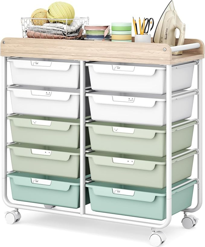 10 Drawers Rolling Cart with Wooden Tabletop, Utility Storage Cart with Wheels, Art Supply Craft ... | Amazon (US)